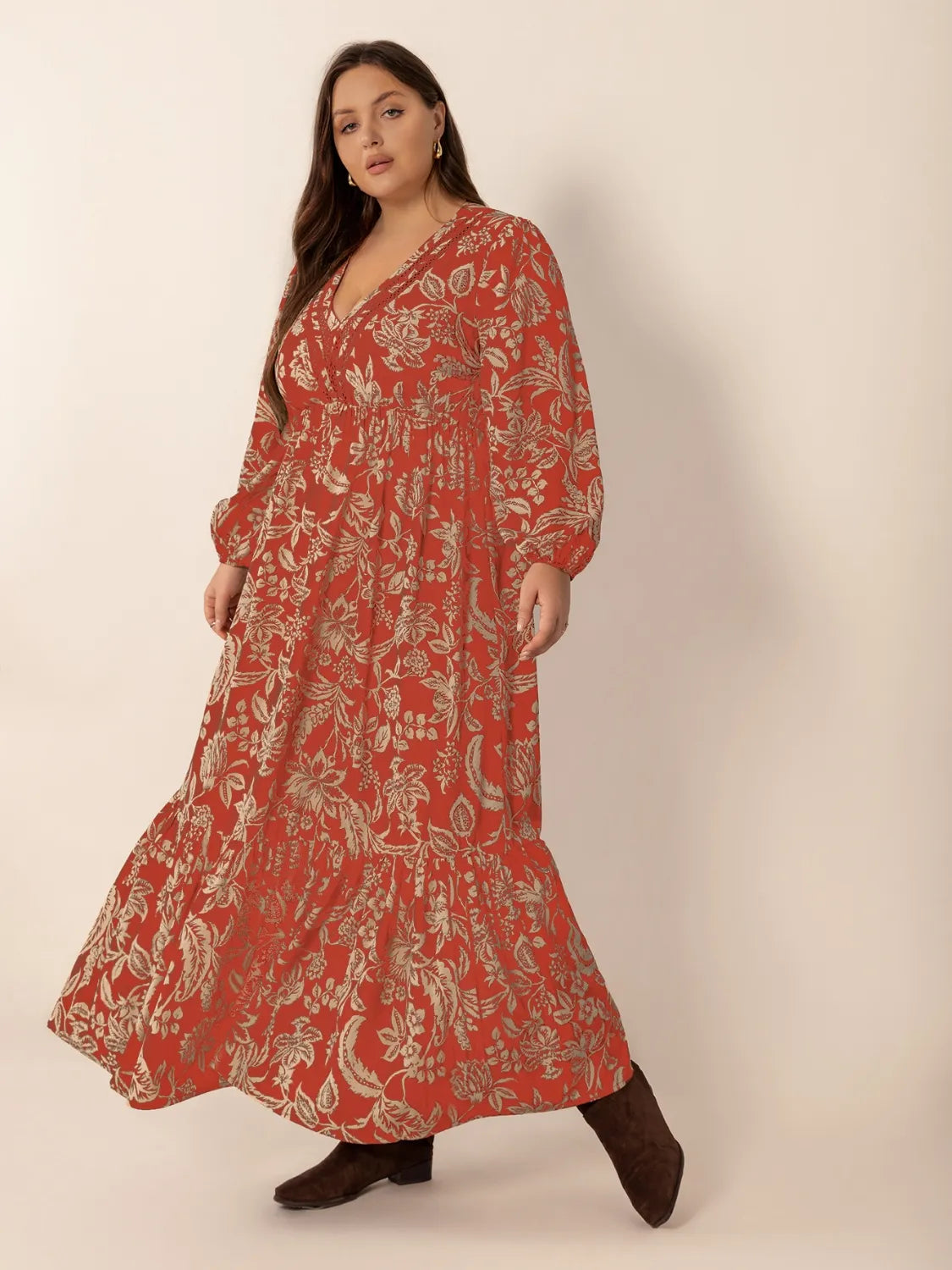 Plus Size Lace Detail Printed Balloon Sleeve Midi Dress - Dresses