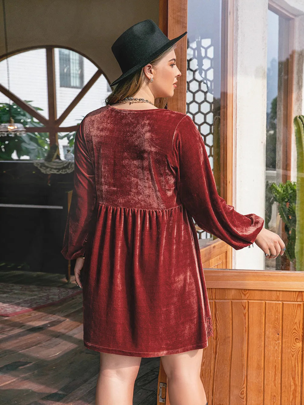 Plus Size Lace Detail V-Neck Long Sleeve Mini Dress - Dresses
