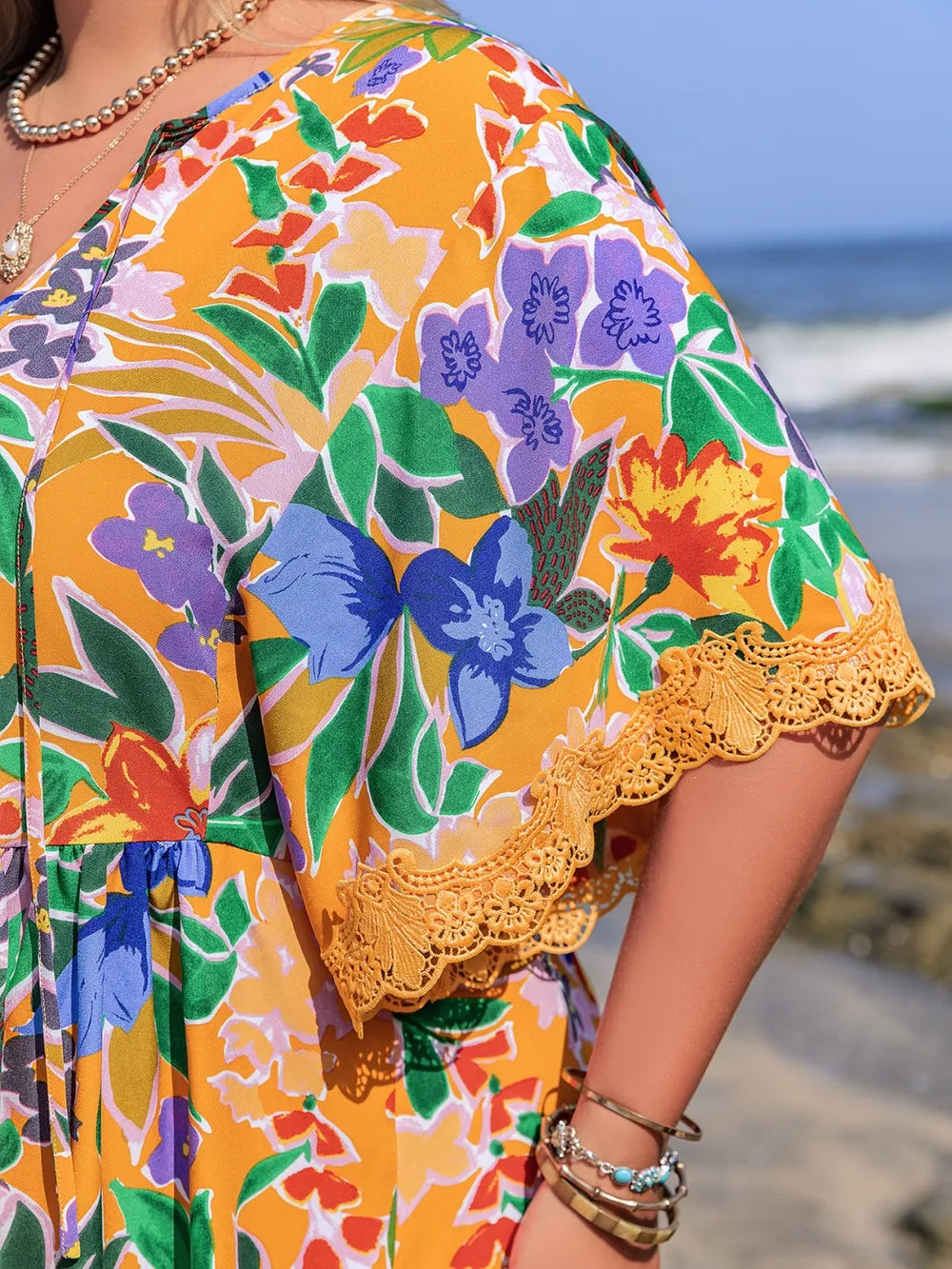 Plus Size Lace Detail Printed Tie Neck Half Sleeve Dress - Dresses