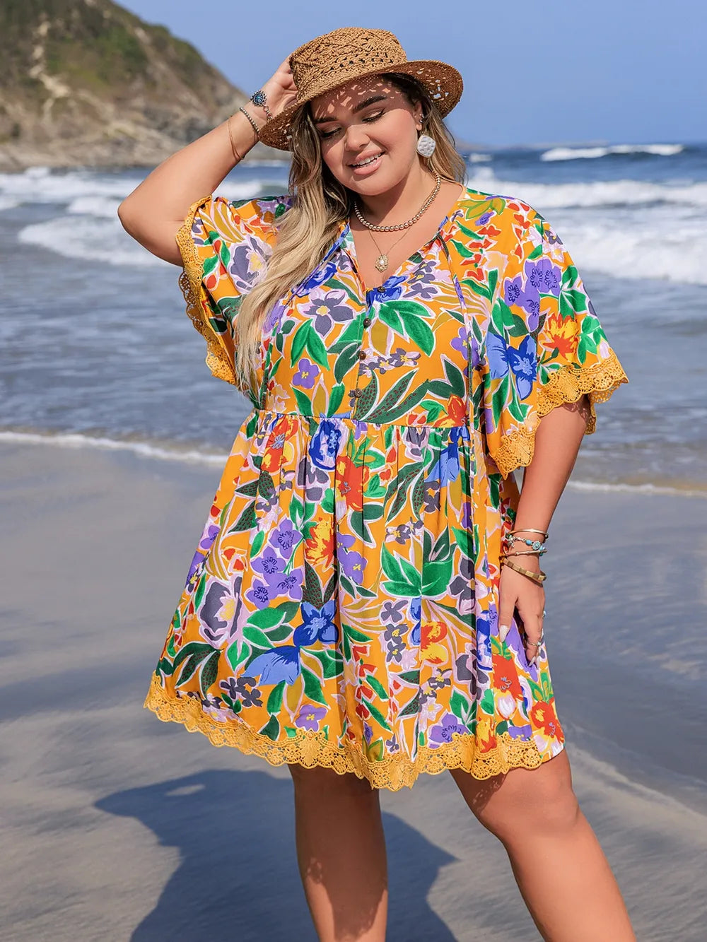 Plus Size Lace Detail Printed Tie Neck Half Sleeve Dress Gold - Dresses