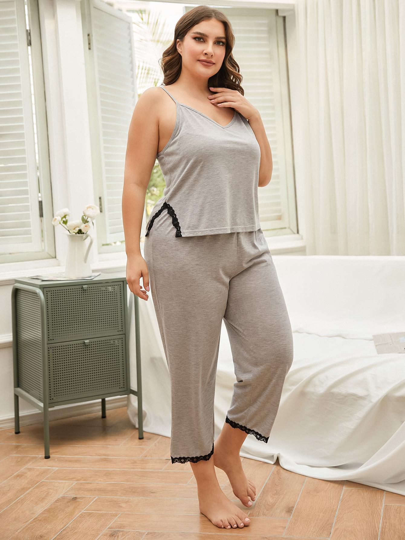 Plus Size Lace Trim Slit Cami and Pants Pyjama Set - Pyjama Set