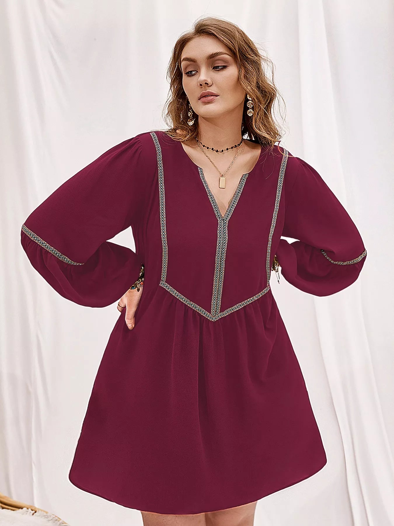 Plus Size Notched Balloon Sleeve Mini Dress - Dresses