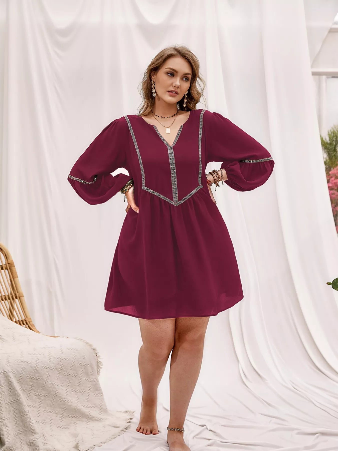 Plus Size Notched Balloon Sleeve Mini Dress - Dresses