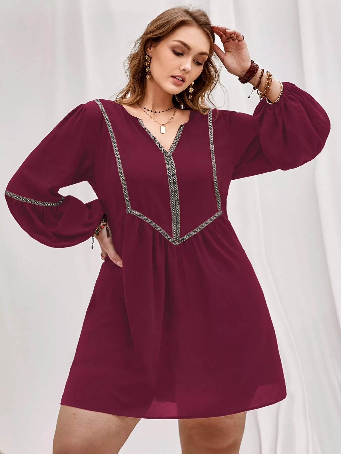 Plus Size Notched Balloon Sleeve Mini Dress Burgundy - Dresses