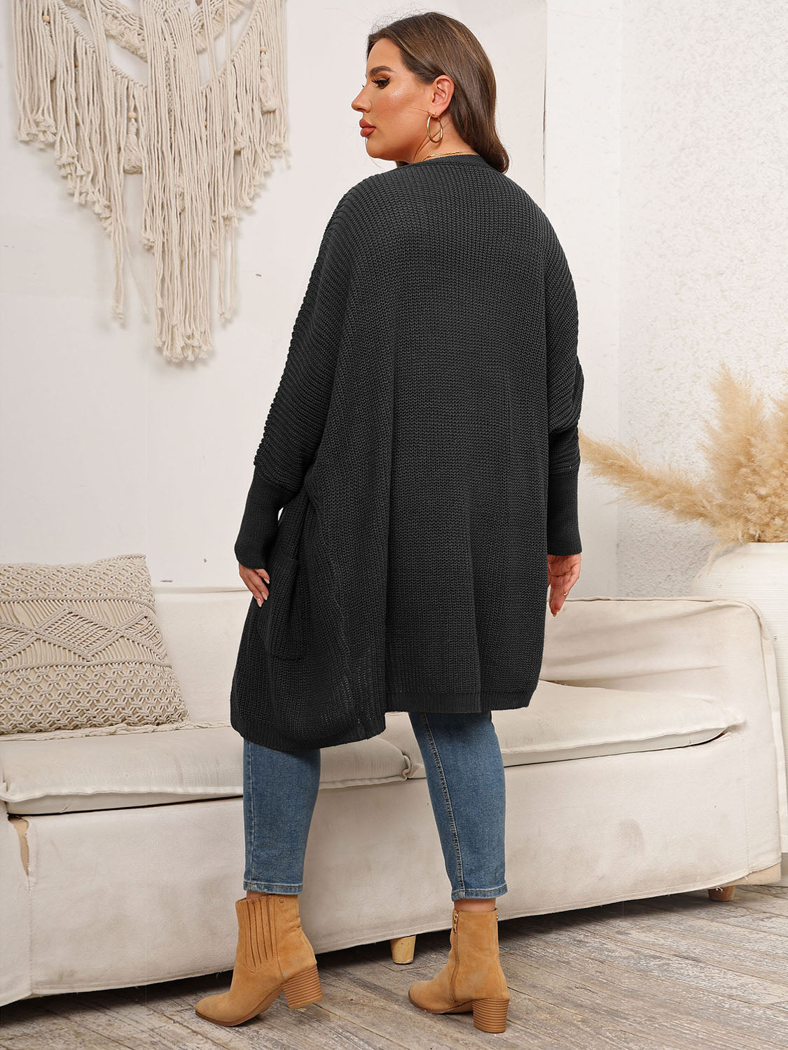 Plus Size Open Front Cardigan With Pockets - Cardigans