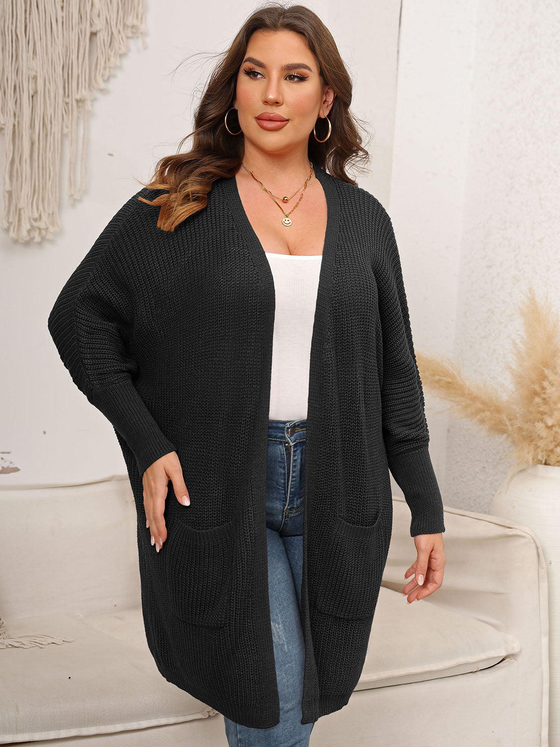 Plus Size Open Front Cardigan With Pockets - Cardigans