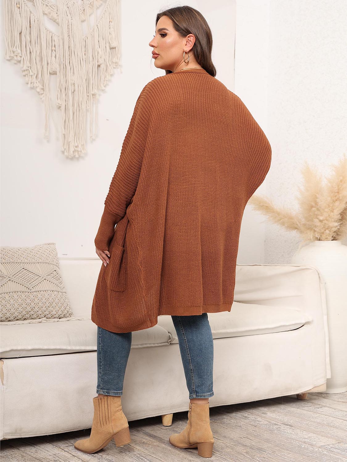 Plus Size Open Front Cardigan With Pockets - Cardigans