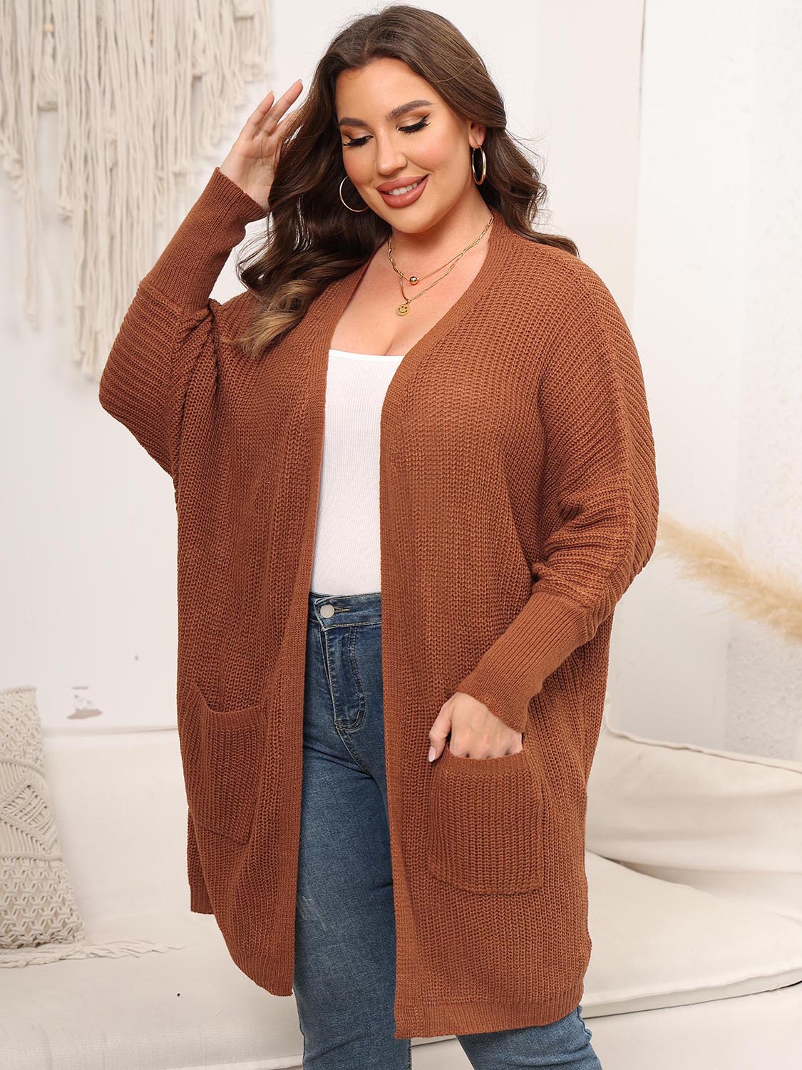 Plus Size Open Front Cardigan With Pockets - Cardigans