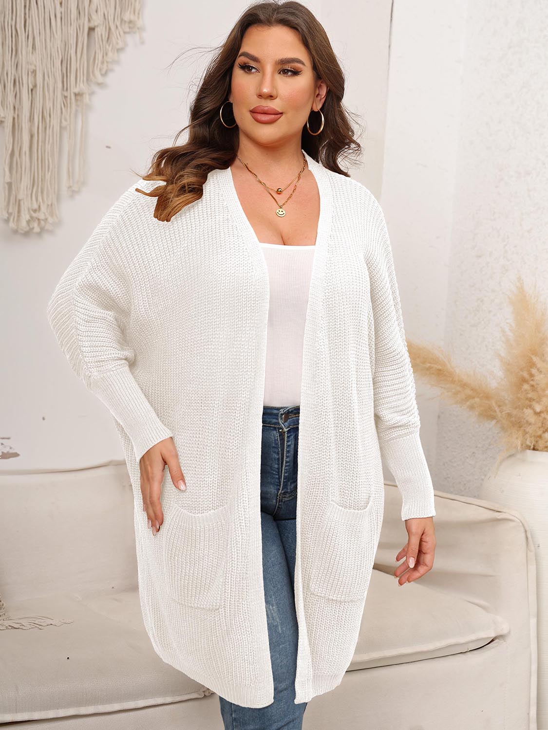 Plus Size Open Front Cardigan With Pockets White - Cardigans