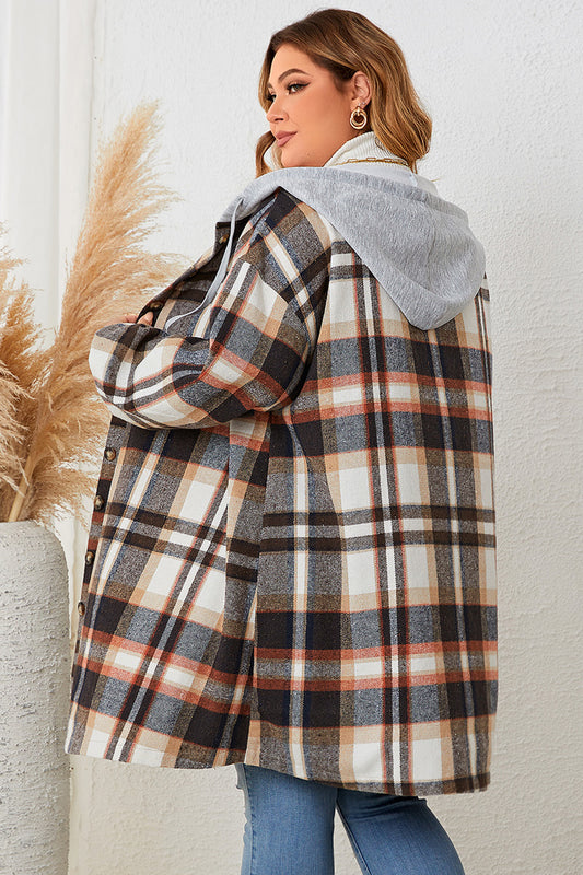 Honey Plus Size Plaid Drop Shoulder Hooded Coat - Coats