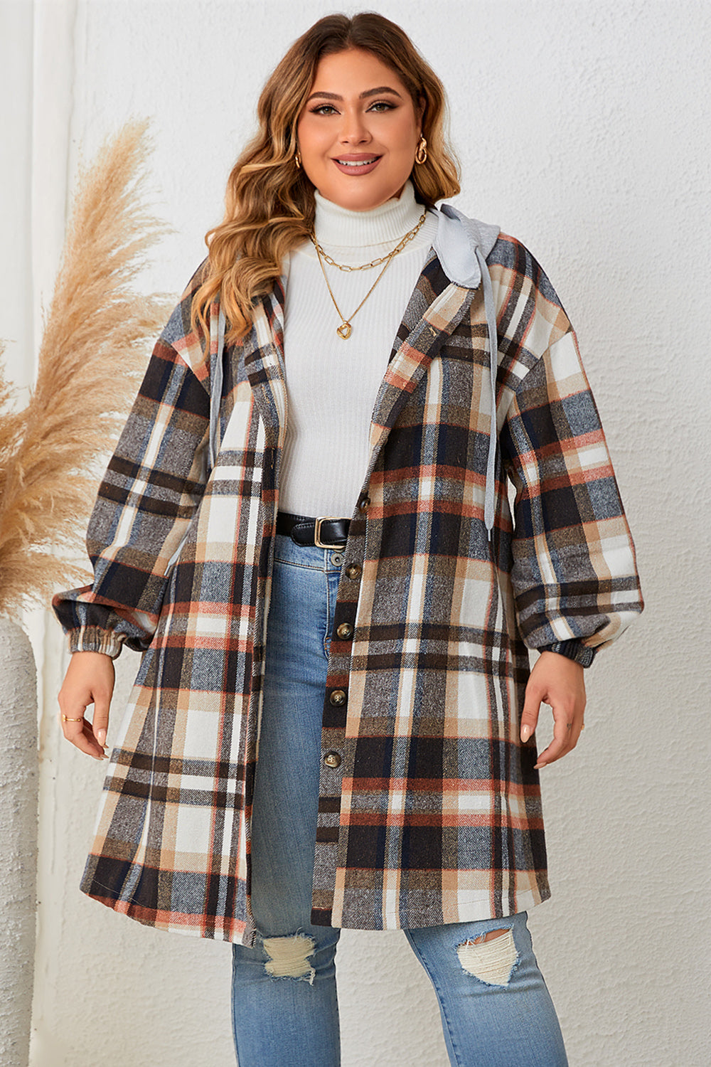 Honey Plus Size Plaid Drop Shoulder Hooded Coat Black - Coats