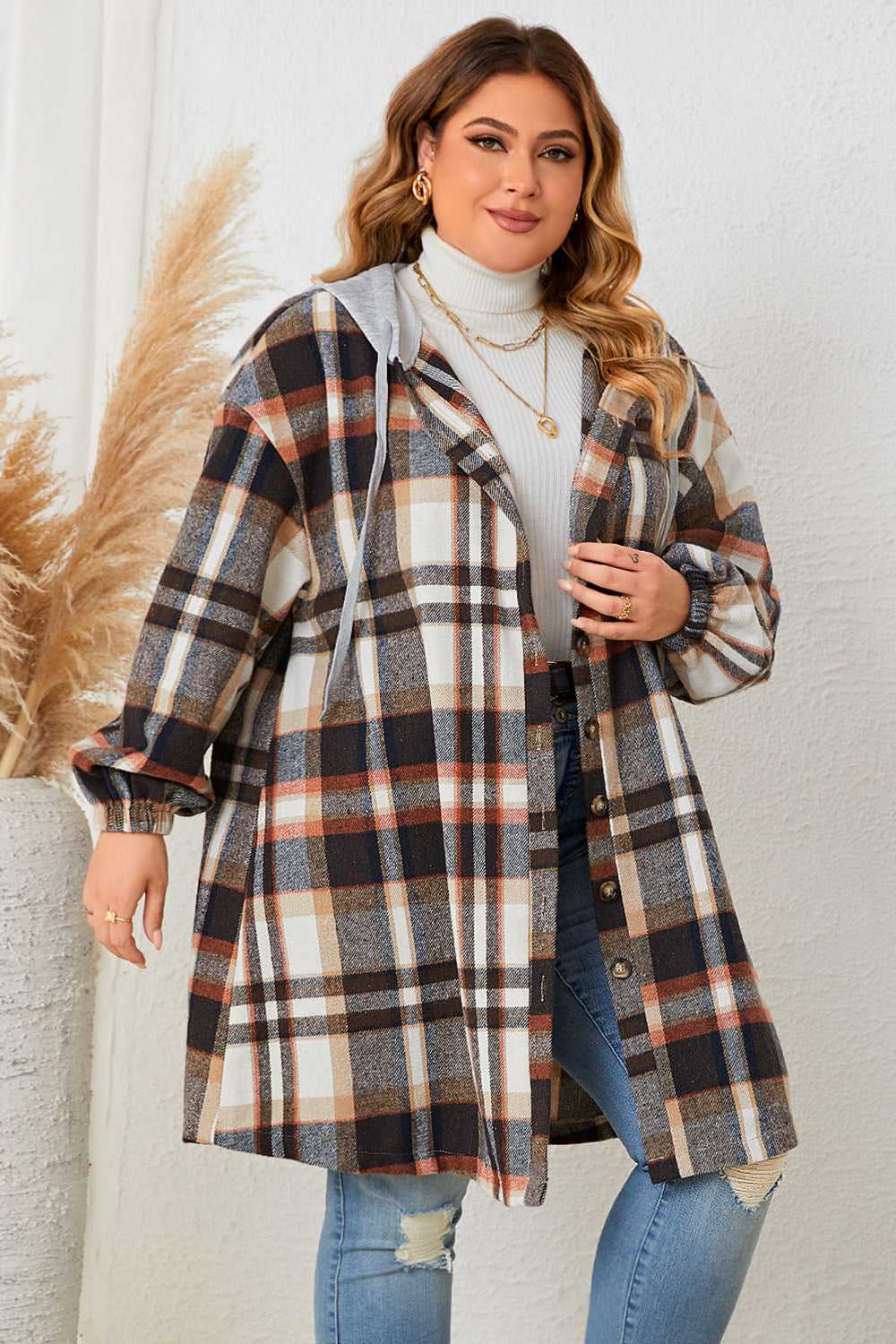 Honey Plus Size Plaid Drop Shoulder Hooded Coat - Coats