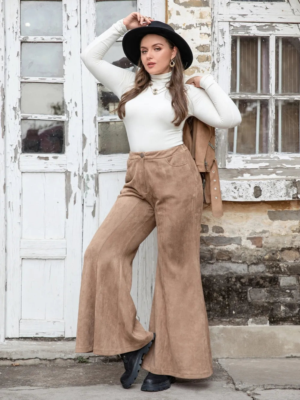 Plus Size Pocketed Flare Pants in Chic Brown - Trousers