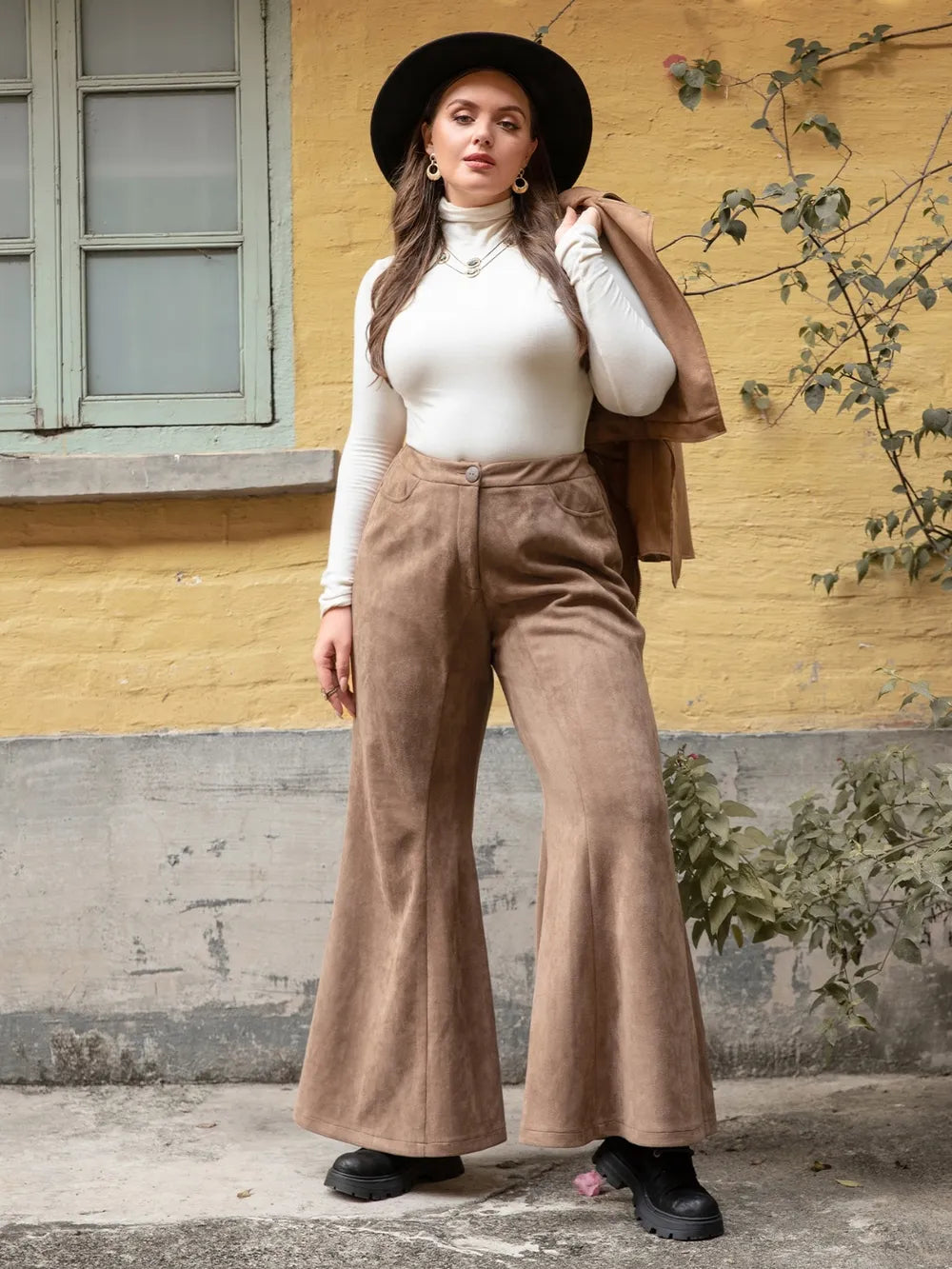 Plus Size Pocketed Flare Pants in Chic Brown - Trousers