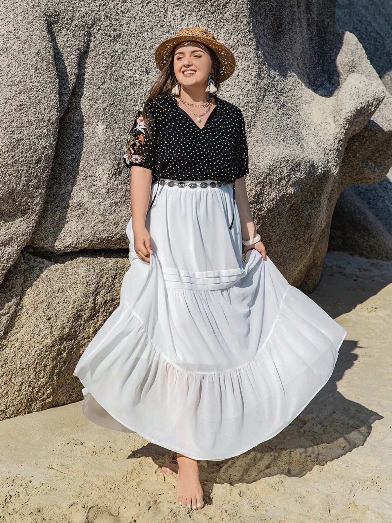 Plus Size Printed Tie Neck Half Sleeve Blouse -