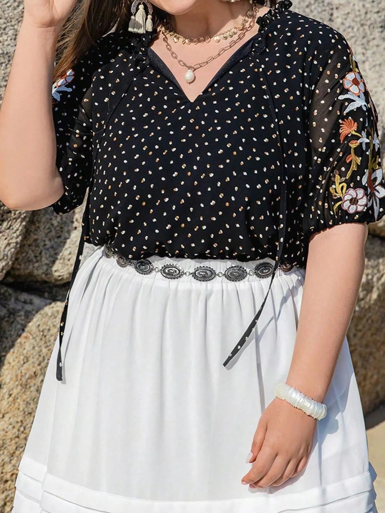 Plus Size Printed Tie Neck Half Sleeve Blouse -