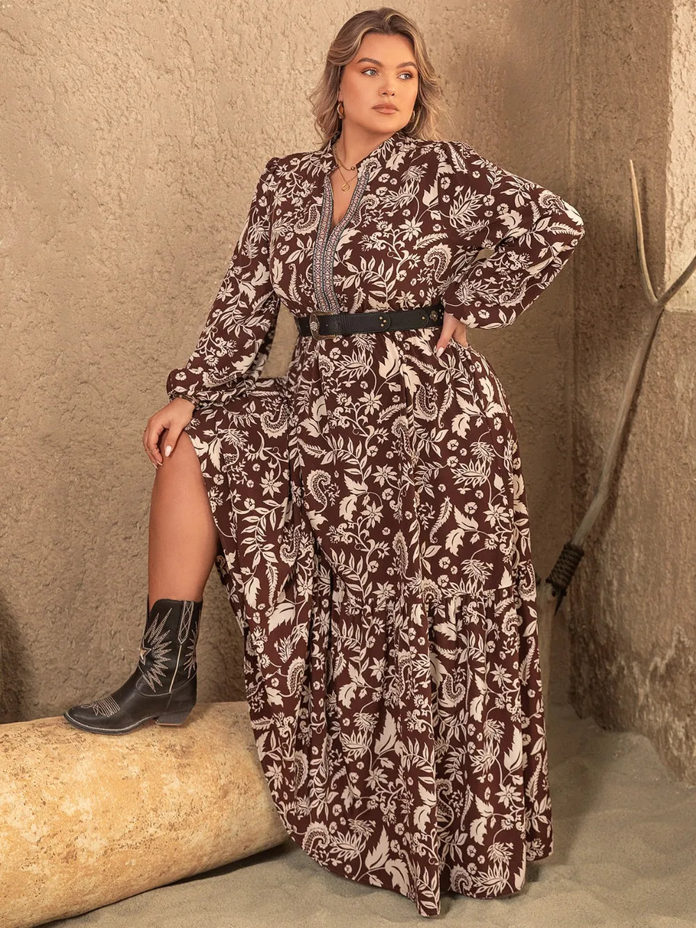 Plus Size Notched Balloon Sleeve Printed Maxi Dress - Dresses