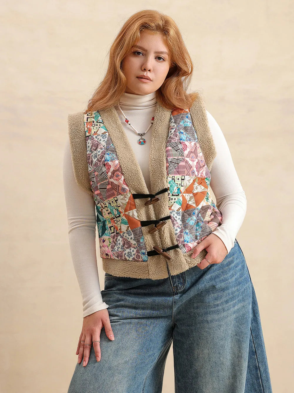 Plus Size Printed Sherpa Vest Coat for Women