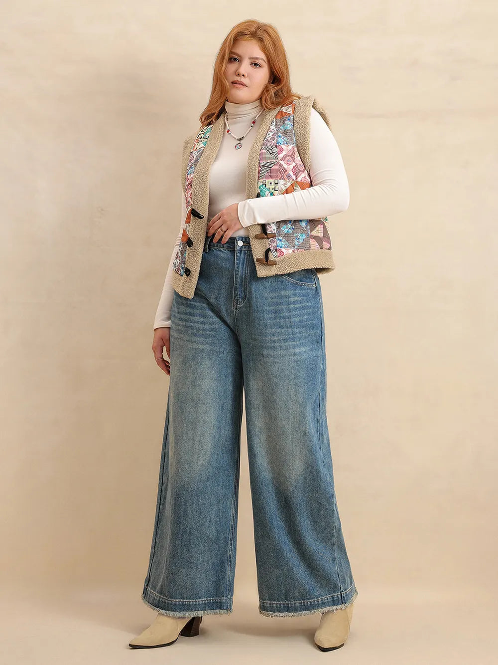 Trendsi Plus Size Printed Sherpa Vest Coat for Women - Vests