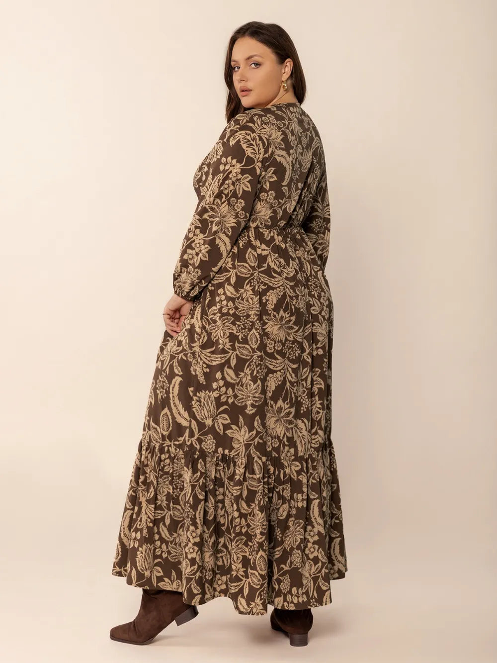 Plus Size Printed V-Neck Balloon Sleeve Maxi Dress - Dresses