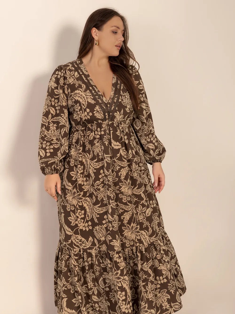 Plus Size Printed V-Neck Balloon Sleeve Maxi Dress - Dresses