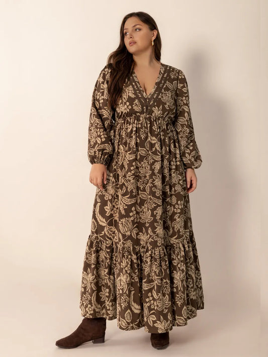 Plus Size Printed V-Neck Balloon Sleeve Maxi Dress - Dresses