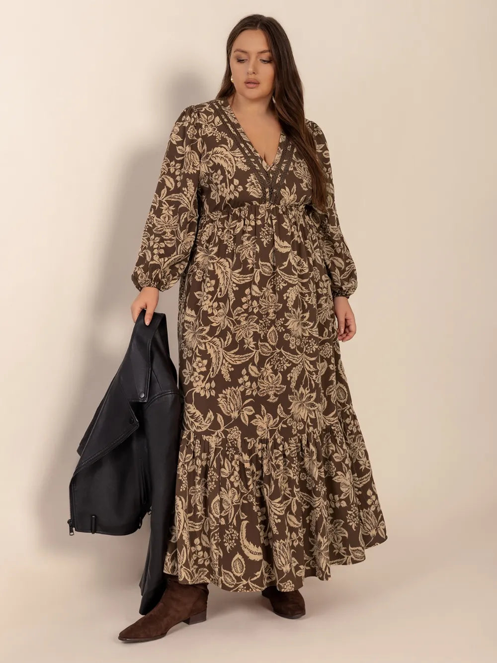 Plus Size Printed V-Neck Balloon Sleeve Maxi Dress - Dresses