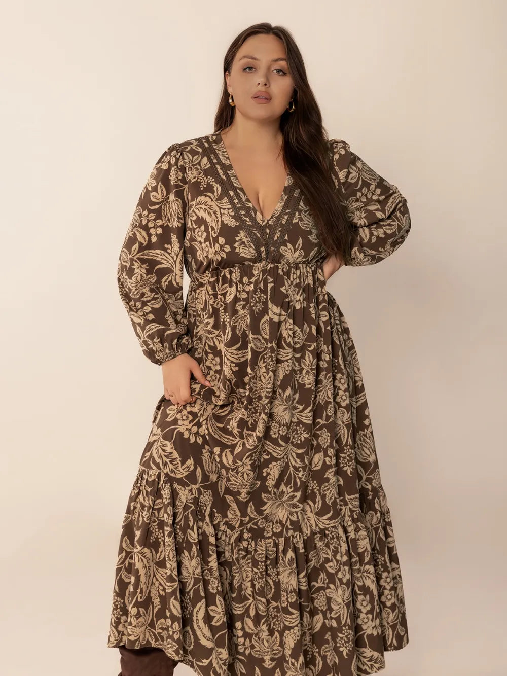 Plus Size Printed V-Neck Balloon Sleeve Maxi Dress - Dresses