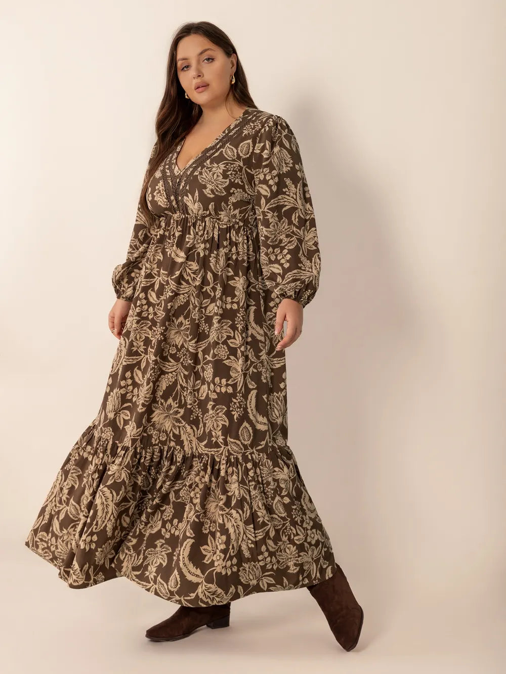 Plus Size Printed V-Neck Balloon Sleeve Maxi Dress - Dresses