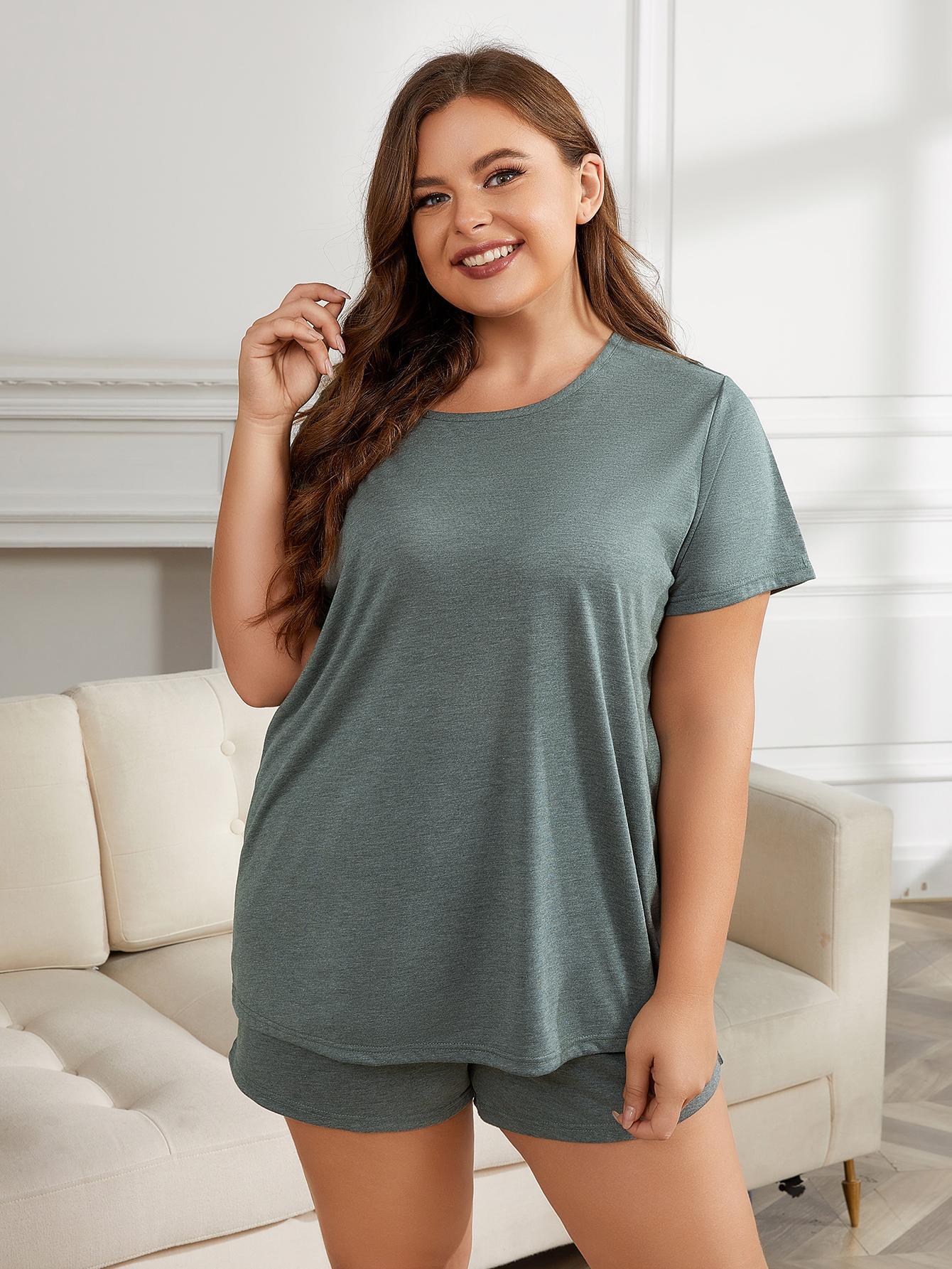 Plus Size Round Neck Short Sleeve Two-Piece Loungewear Set Sage - Loungewear