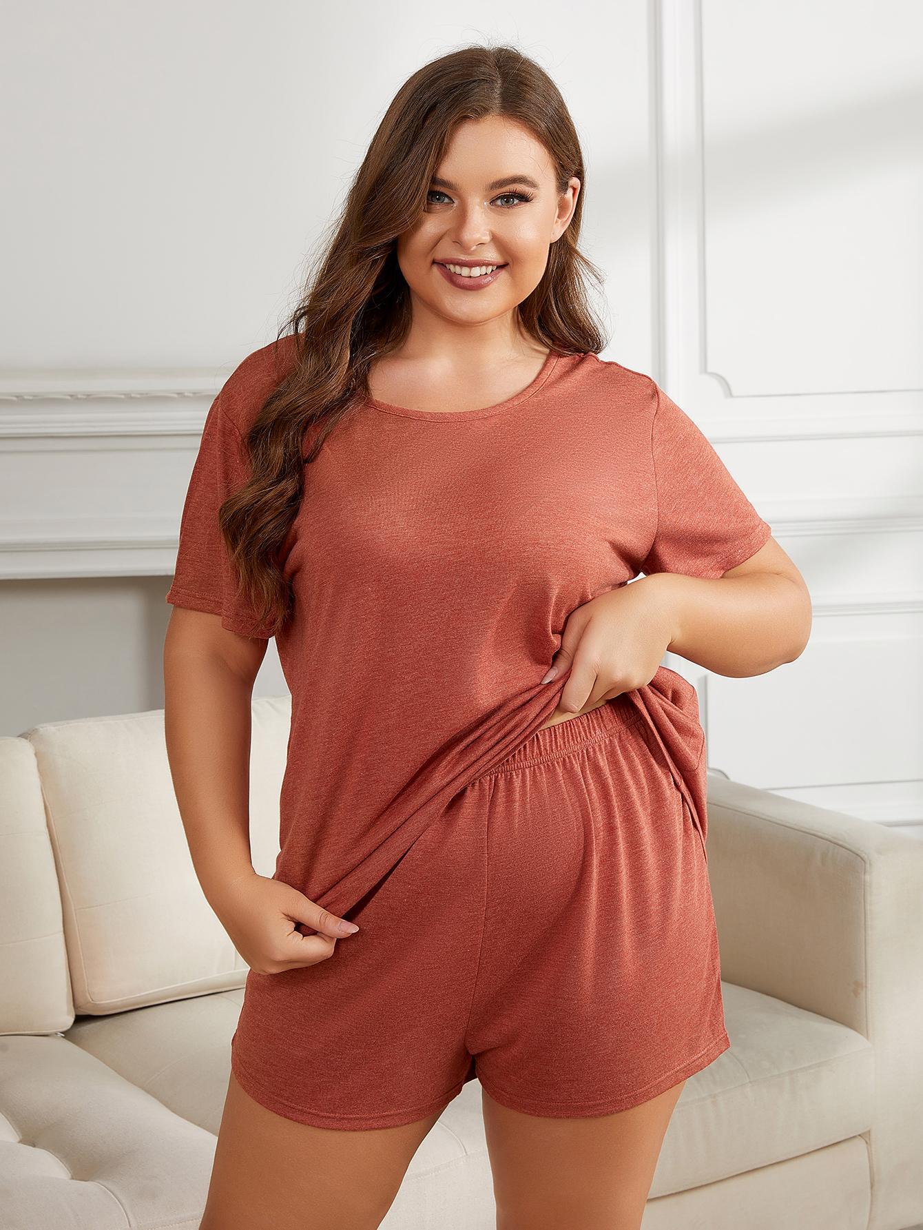 Plus Size Round Neck Short Sleeve Two-Piece Loungewear Set Rust - Loungewear