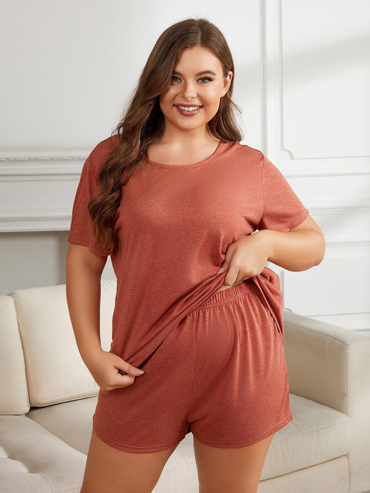 Plus Size Round Neck Short Sleeve Two-Piece Loungewear Set Rust - Loungewear