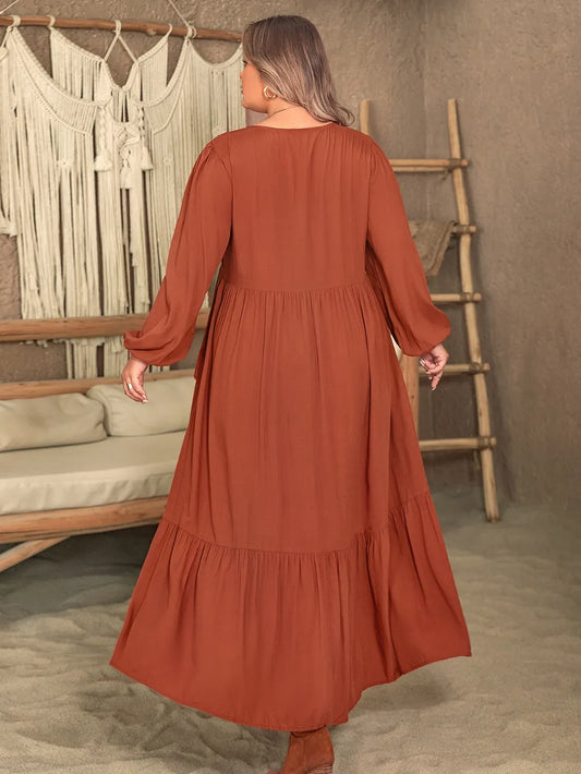 Plus Size Ruffled V-Neck Balloon Sleeve Dress - Dresses