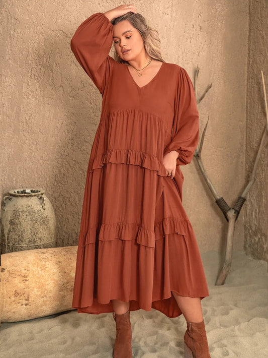 Plus Size Ruffled V-Neck Balloon Sleeve Dress Rust - Dresses