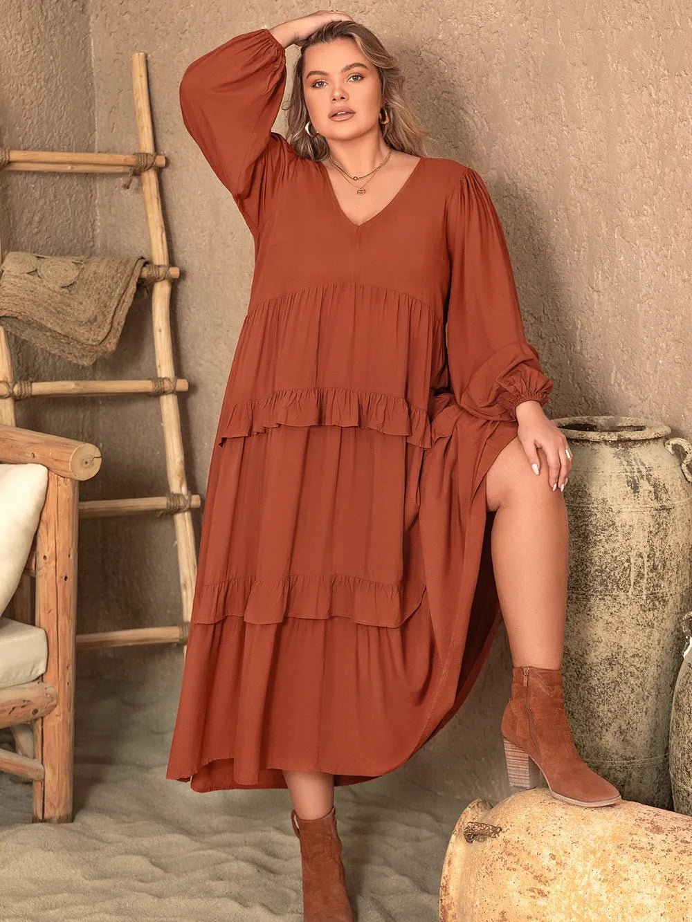 Plus Size Ruffled V-Neck Balloon Sleeve Dress - Dresses