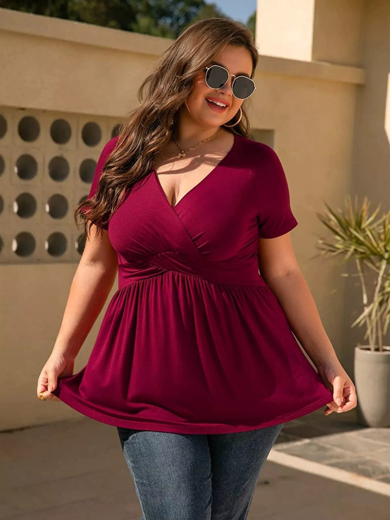 Plus Size Surplice Short Sleeve T-Shirt Burgundy - T-Shirts