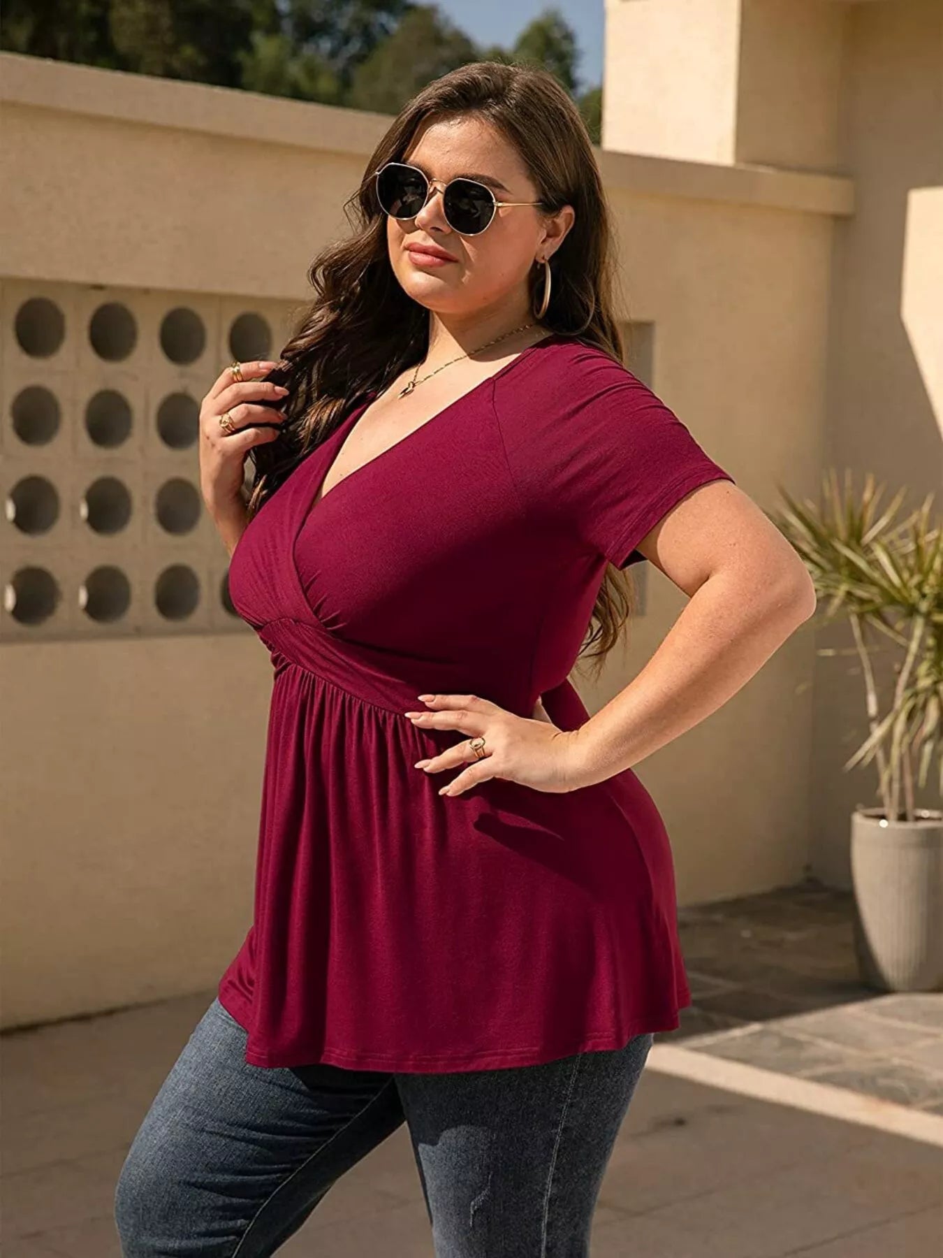 Plus Size Surplice Short Sleeve T-Shirt - T-Shirts