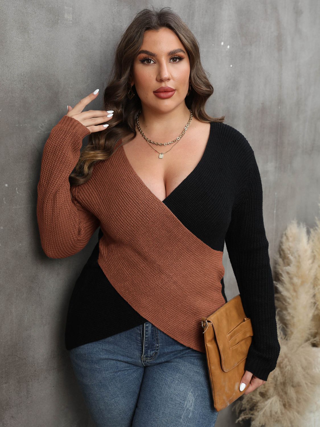 Plus Size Two-Tone Sweater for Women Caramel - Sweaters