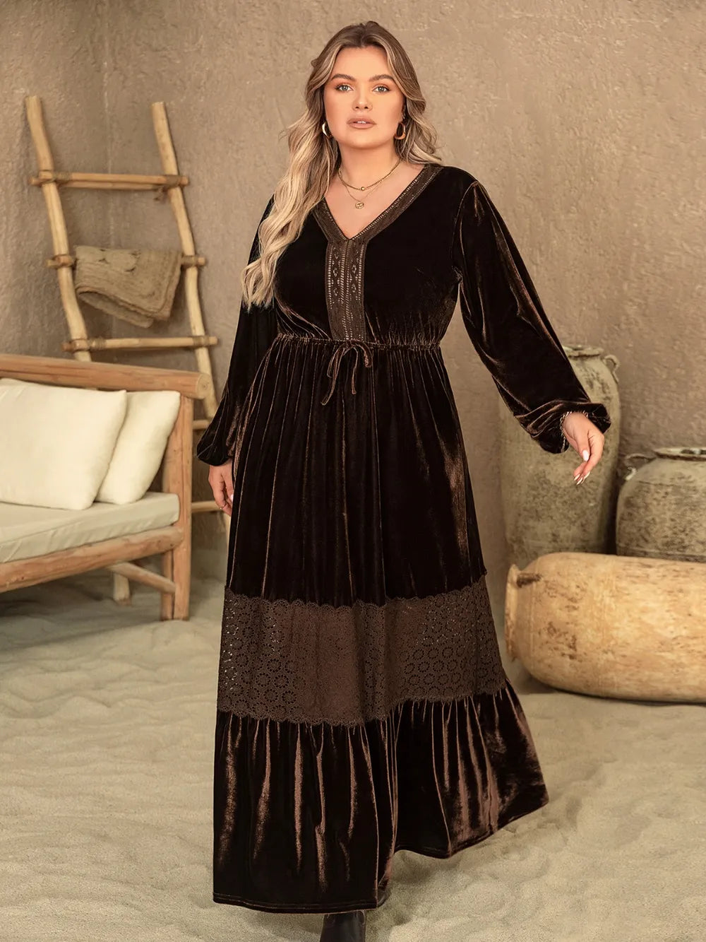 Plus Size V-Neck Balloon Sleeve Maxi Dress Chocolate - Dresses