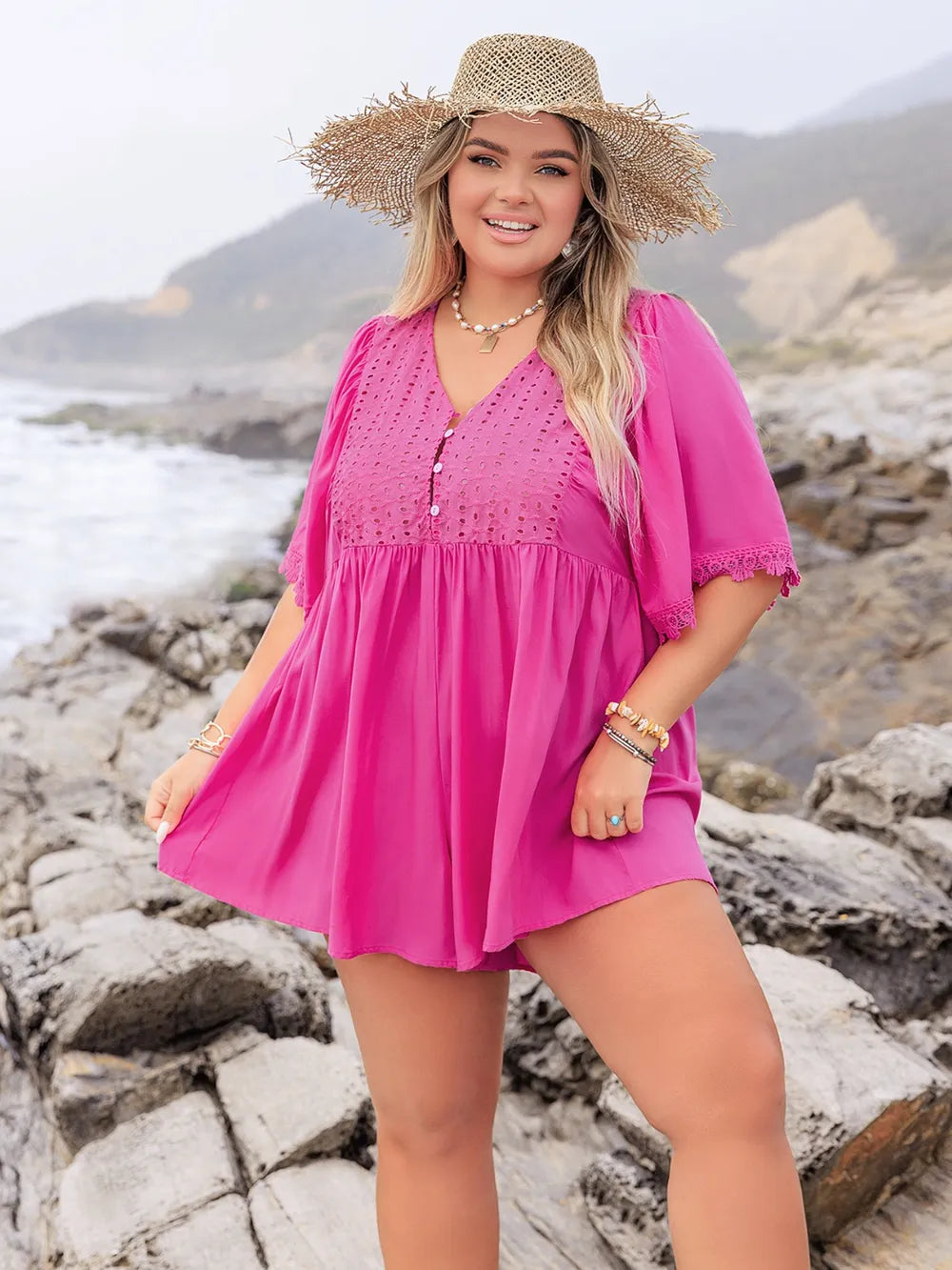 Plus Size Lace Detail V-Neck Half Sleeve Romper - One-piece