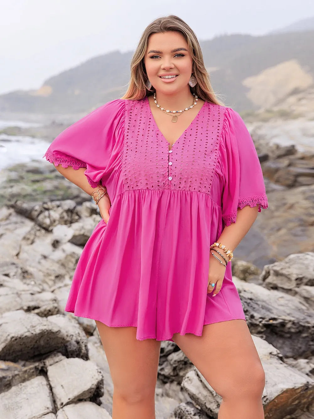 Plus Size Lace Detail V-Neck Half Sleeve Romper Hot Pink - One-piece