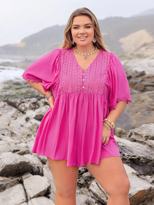 Plus Size Lace Detail V-Neck Half Sleeve Romper Hot Pink - One-piece