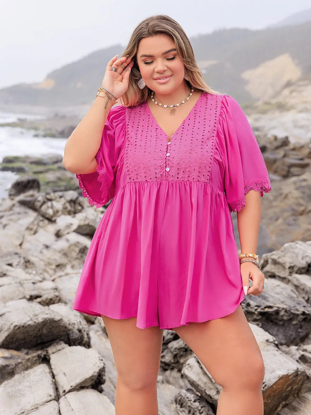 Plus Size Lace Detail V-Neck Half Sleeve Romper - One-piece
