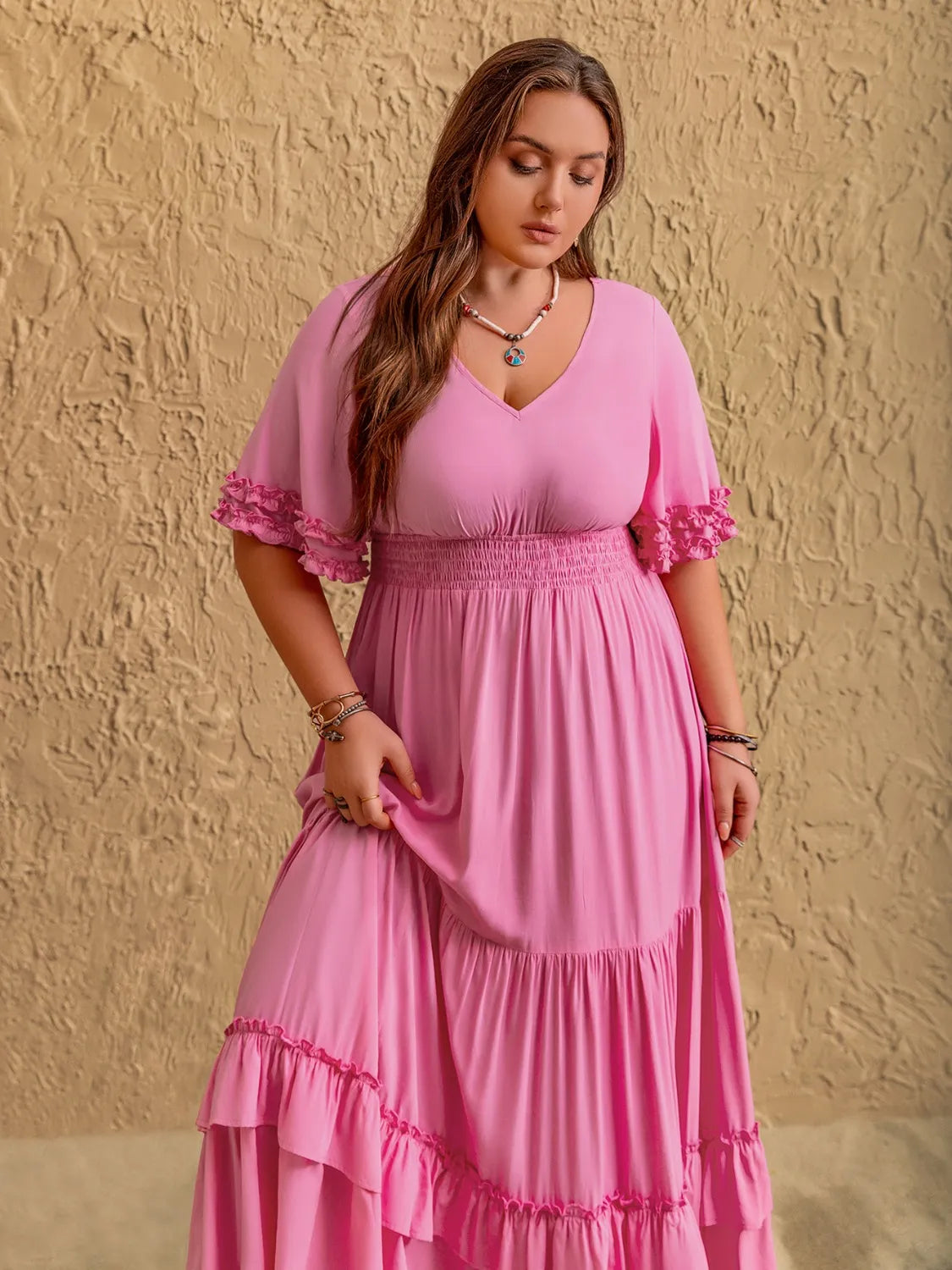 Plus Size V-Neck Half Sleeve Maxi Dress - Dresses