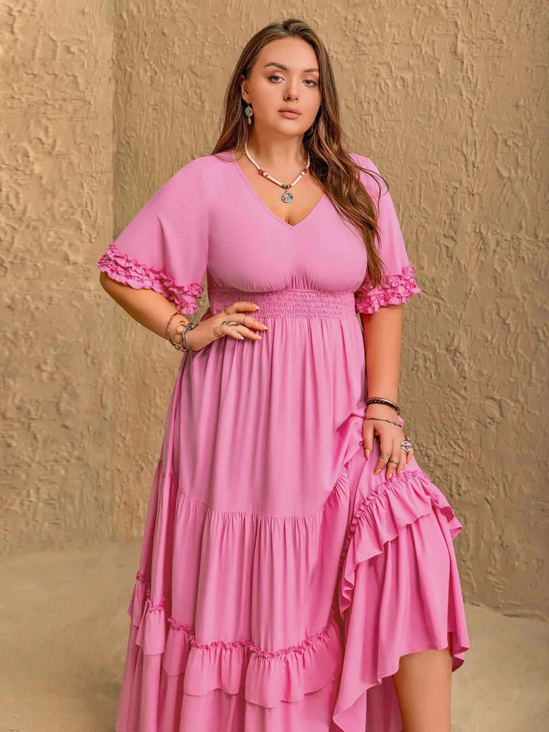 Plus Size V-Neck Half Sleeve Maxi Dress - Dresses
