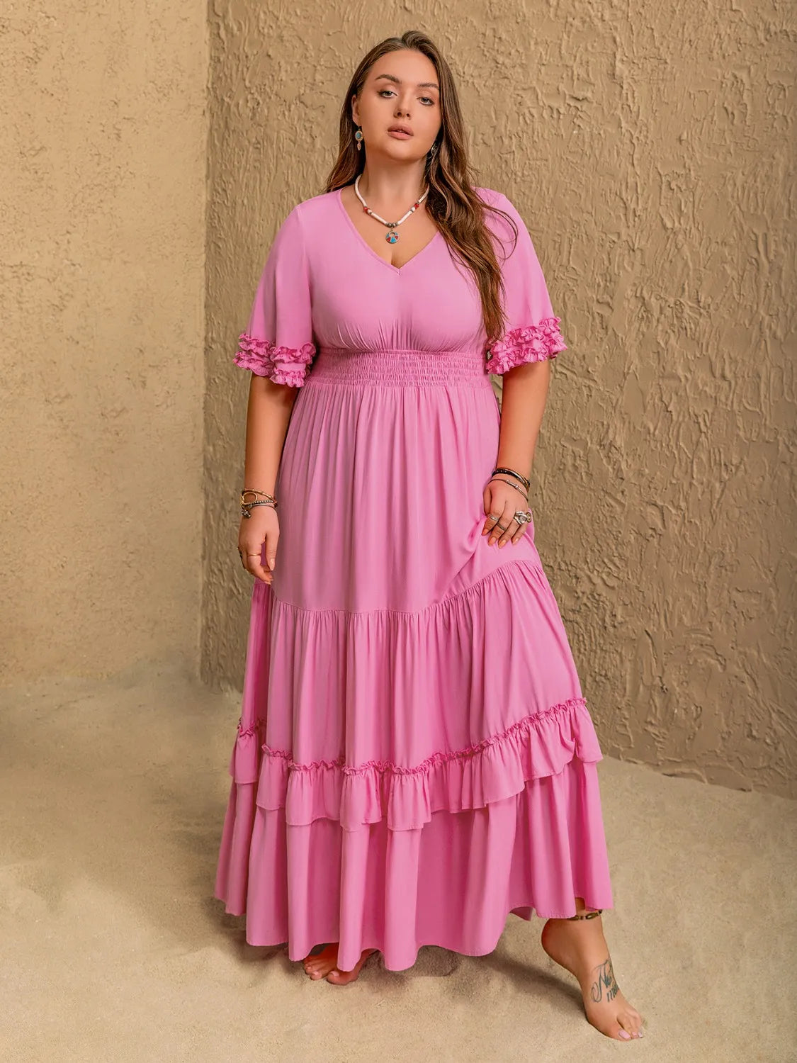 Plus Size V-Neck Half Sleeve Maxi Dress - Dresses