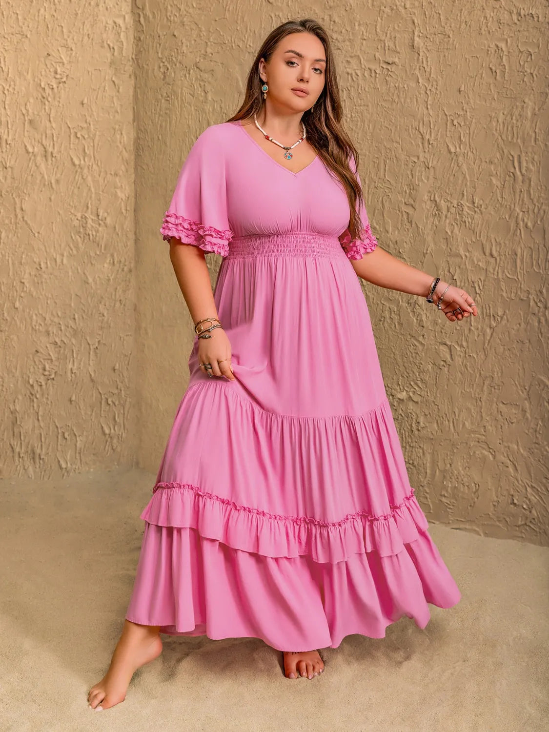 Plus Size V-Neck Half Sleeve Maxi Dress - Dresses