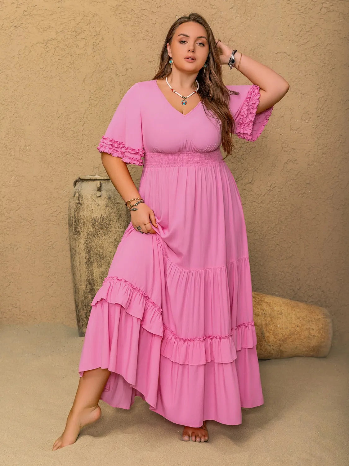 Plus Size V-Neck Half Sleeve Maxi Dress - Dresses