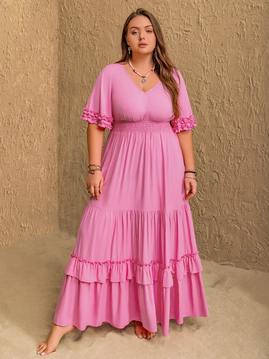 Plus Size V-Neck Half Sleeve Maxi Dress Pink - Dresses