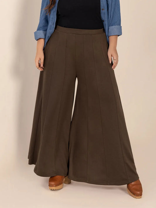 Plus Size Wide Leg Pants with Pockets Dark Brown - Trousers